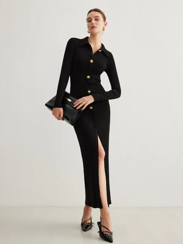 Metal Button-Down Split Lapel Dress sold by COMMENSE