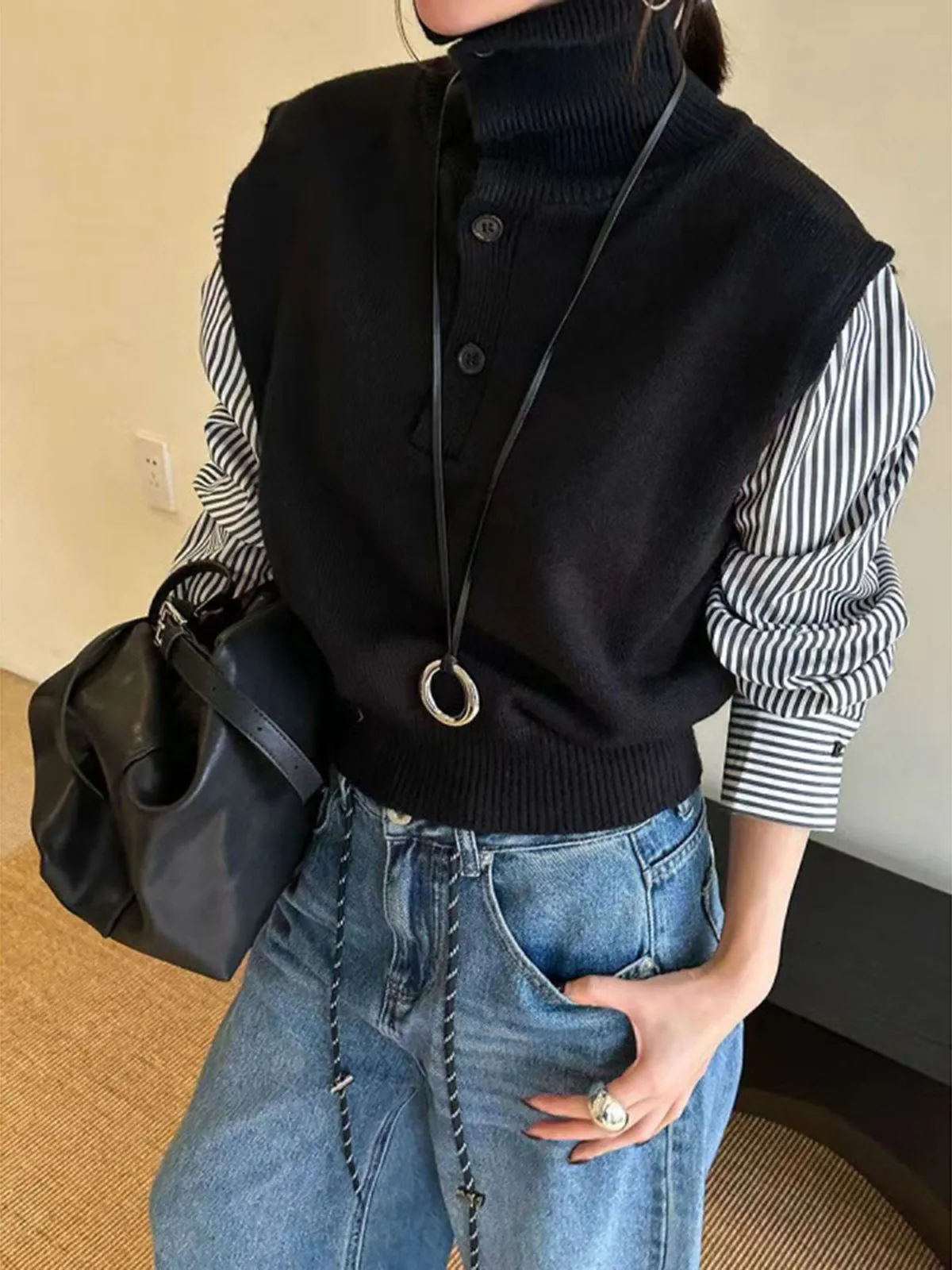 Color Block Panel Lapel Sweater sold by COMMENSE