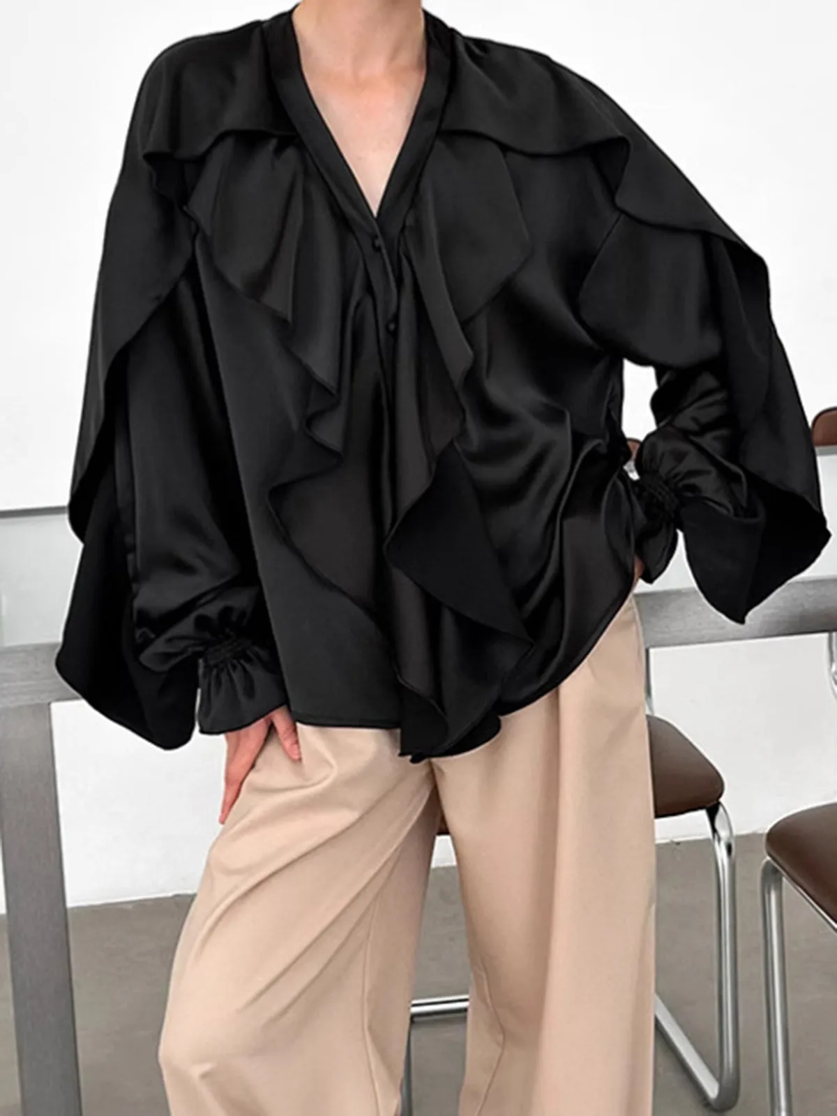 V-Neck Ruffle Thin Blouse sold by COMMENSE product image thumbnail 2