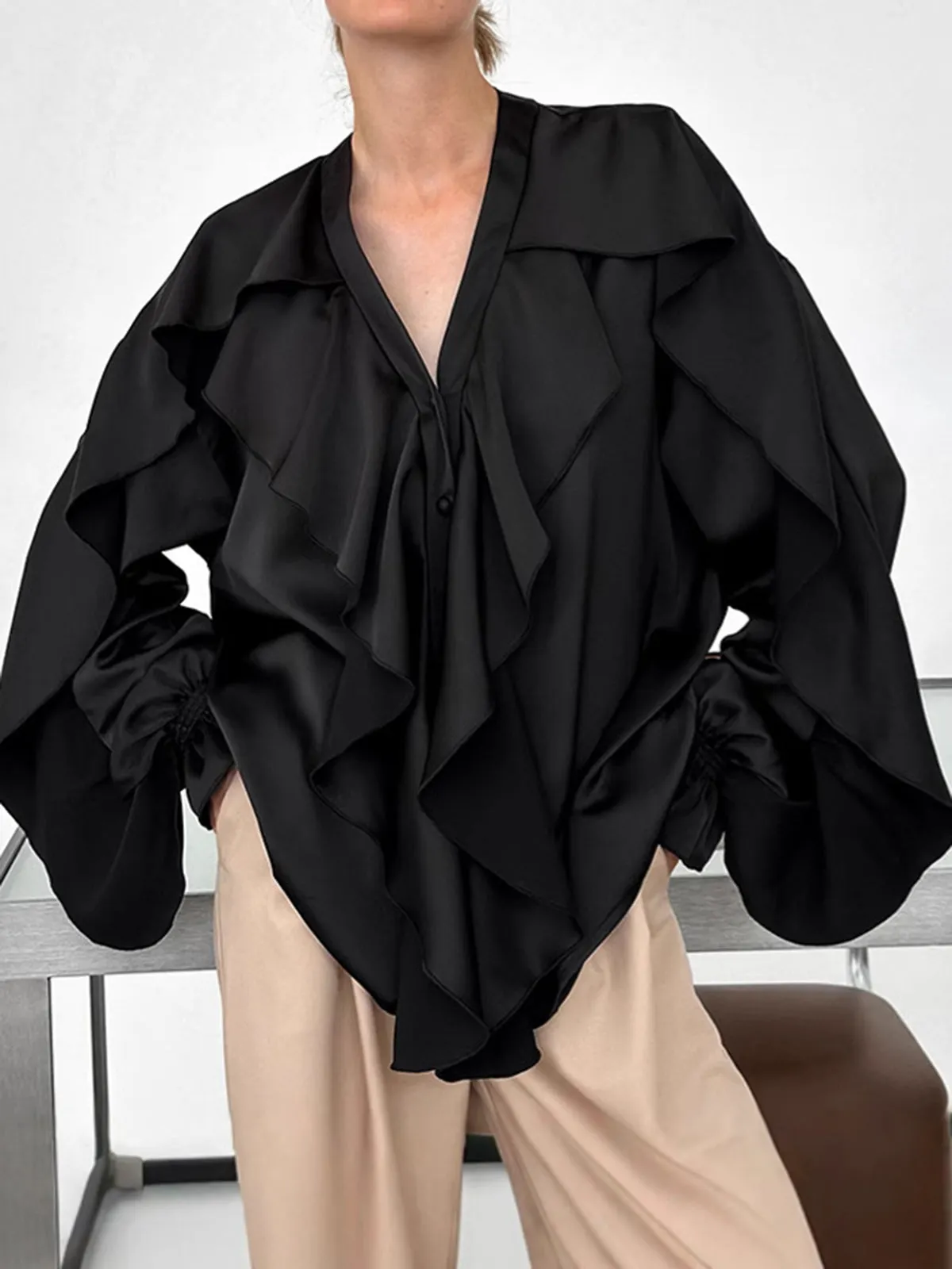 V-Neck Ruffle Thin Blouse sold by COMMENSE