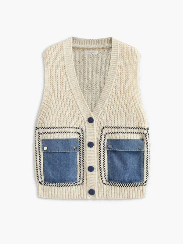 Denim-Pockets V-Neck Sweater Vest sold by COMMENSE