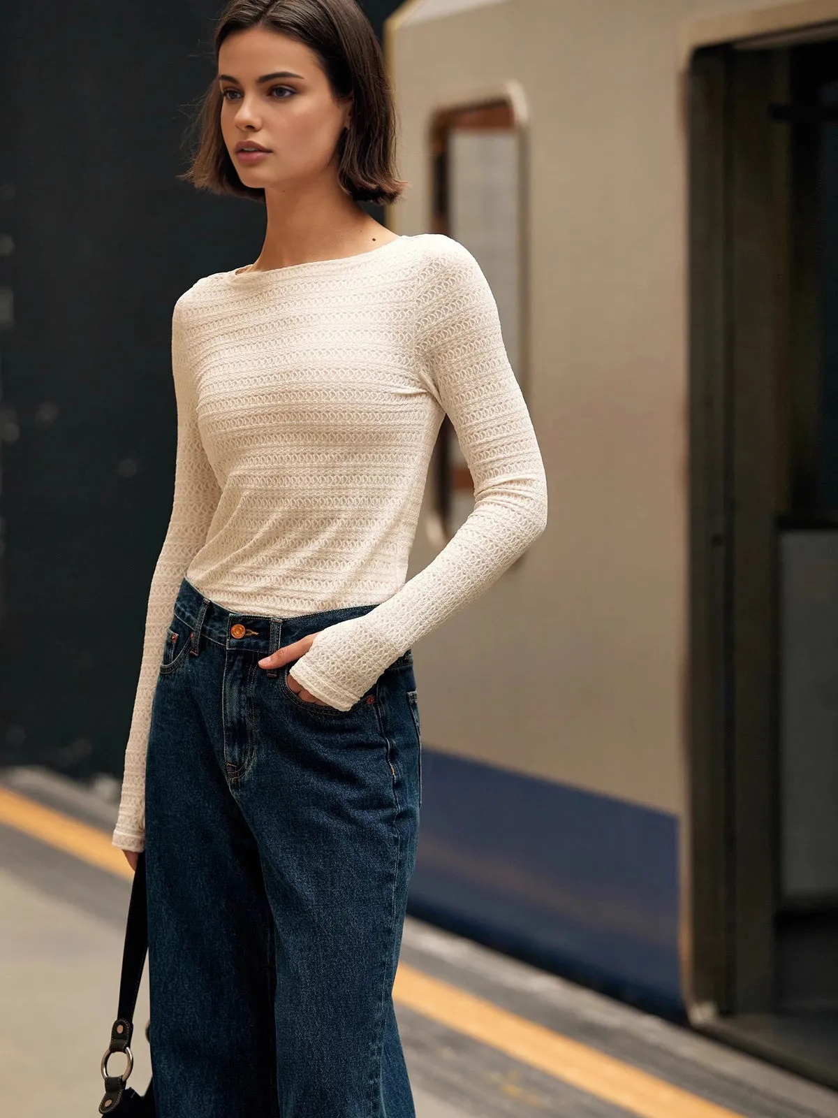 Minimalist Finger Hole Plisse Top sold by COMMENSE