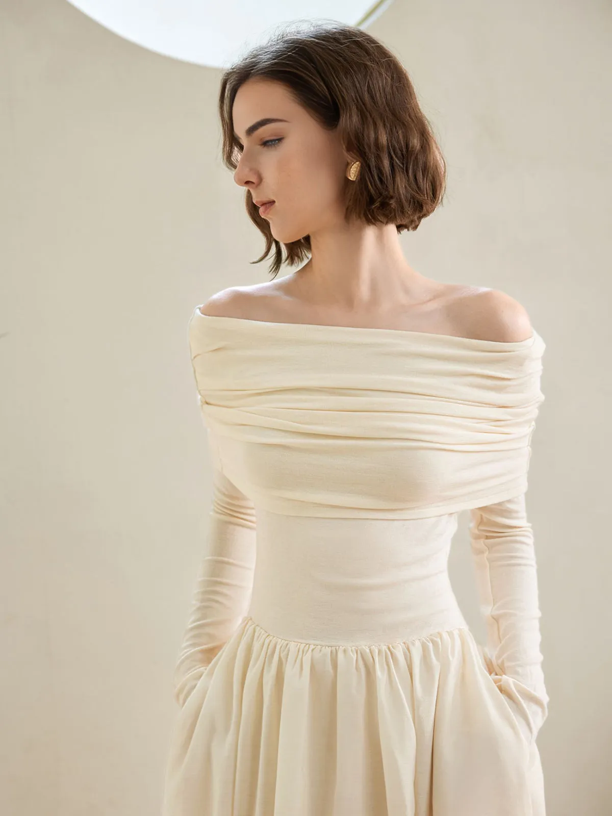 Off-Shoulder Bud Waist Pleated Knit Dress sold by COMMENSE