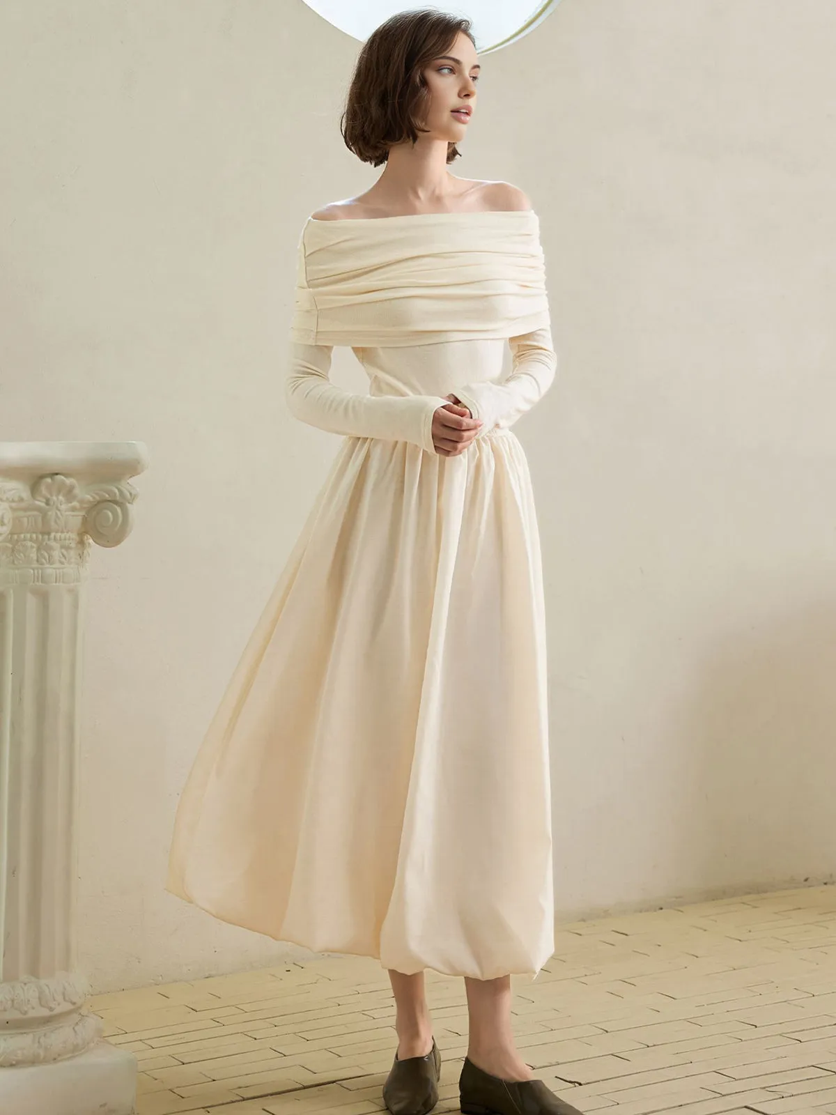 Off-Shoulder Bud Waist Pleated Knit Dress sold by COMMENSE product image thumbnail 5
