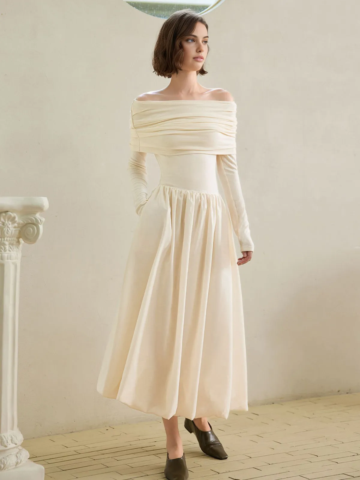 Off-Shoulder Bud Waist Pleated Knit Dress sold by COMMENSE product image thumbnail 2