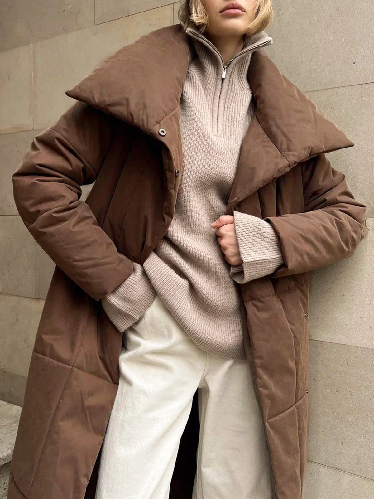 Quilted Long Winter Coat With Belt sold by COMMENSE