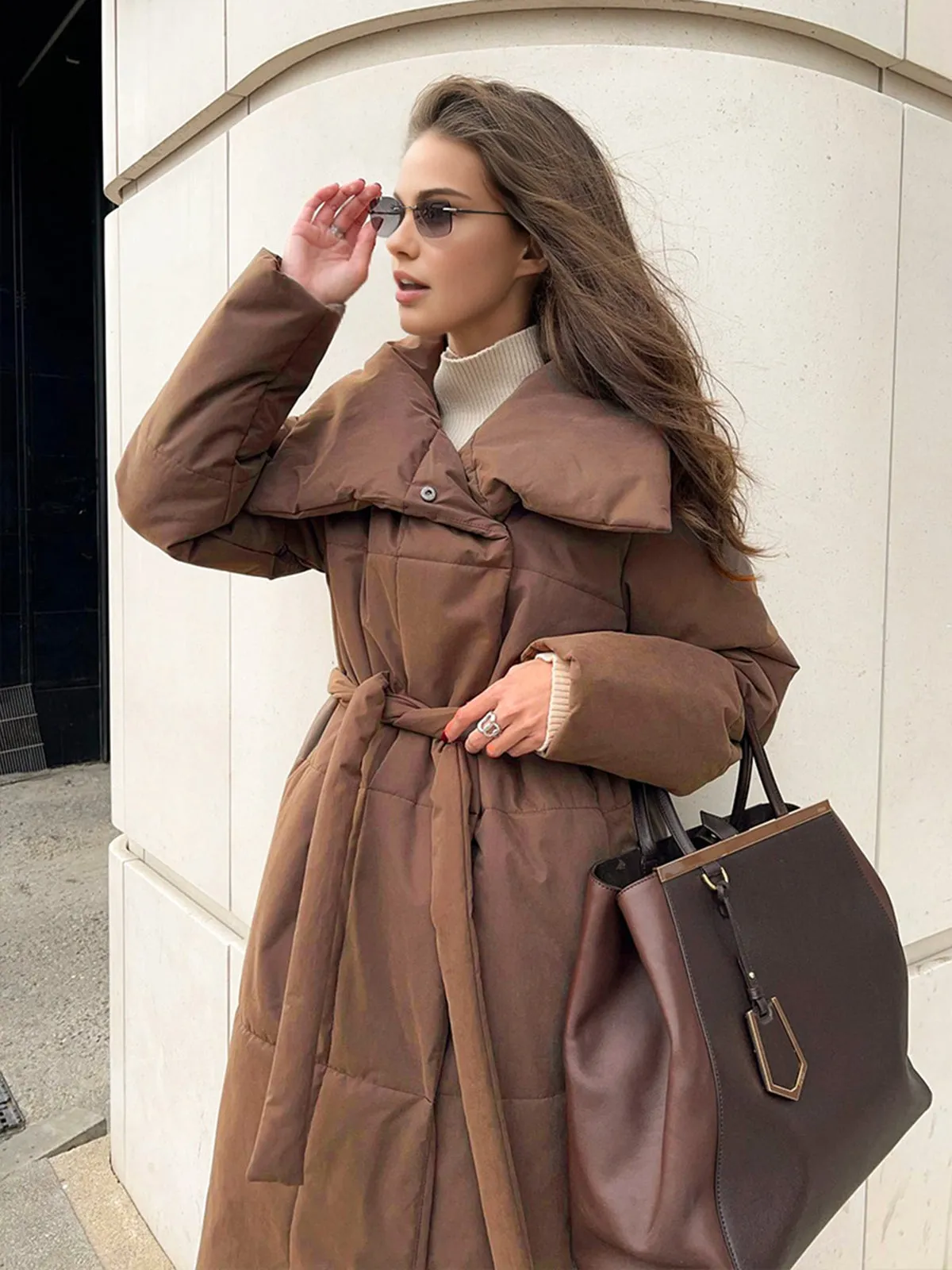 Quilted Long Winter Coat With Belt sold by COMMENSE product image thumbnail 2