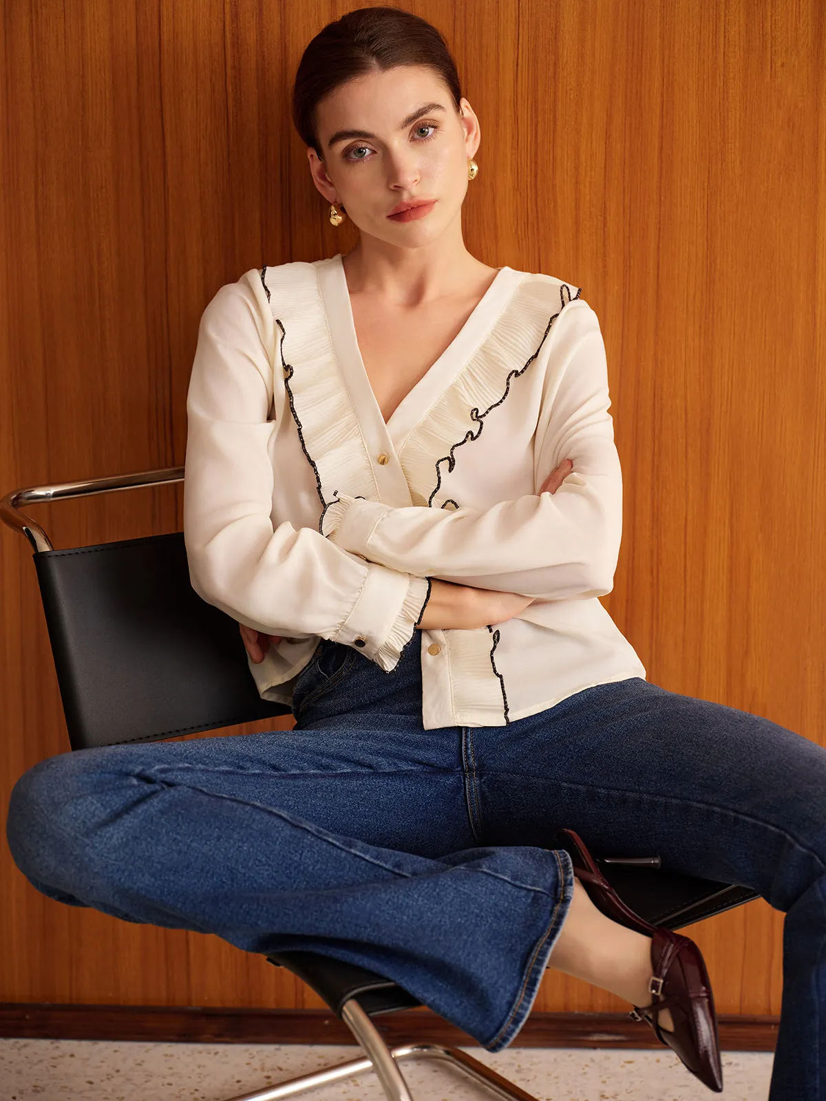V-Neck Ruffle Button Shirt sold by COMMENSE product image thumbnail 4
