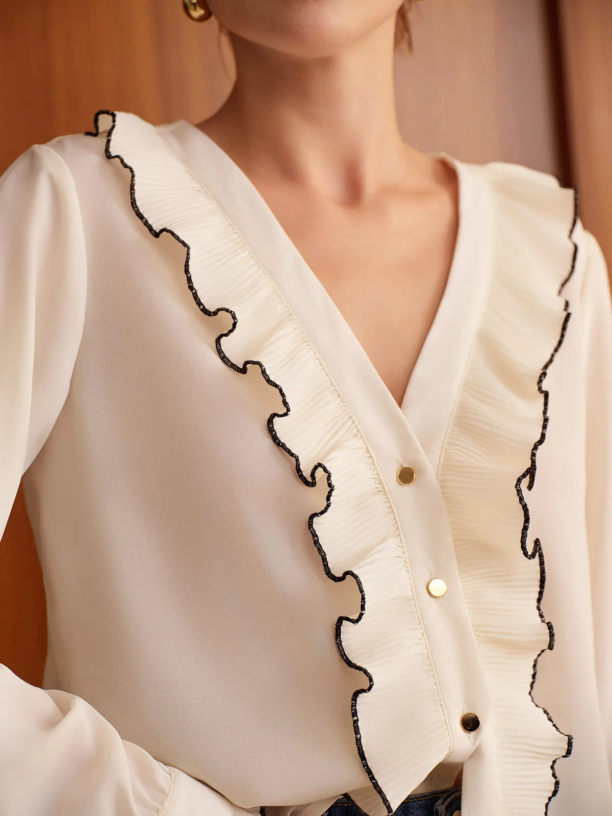 V-Neck Ruffle Button Shirt sold by COMMENSE product image thumbnail 5