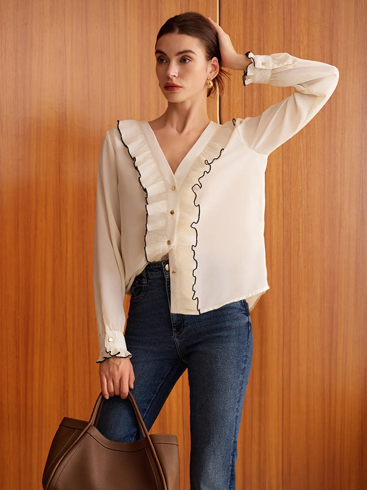 V-Neck Ruffle Button Shirt sold by COMMENSE product image thumbnail 2