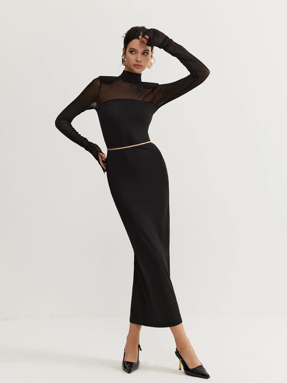 Shoulder Pads Mesh Panel Dress Without Belt sold by COMMENSE product image thumbnail 3