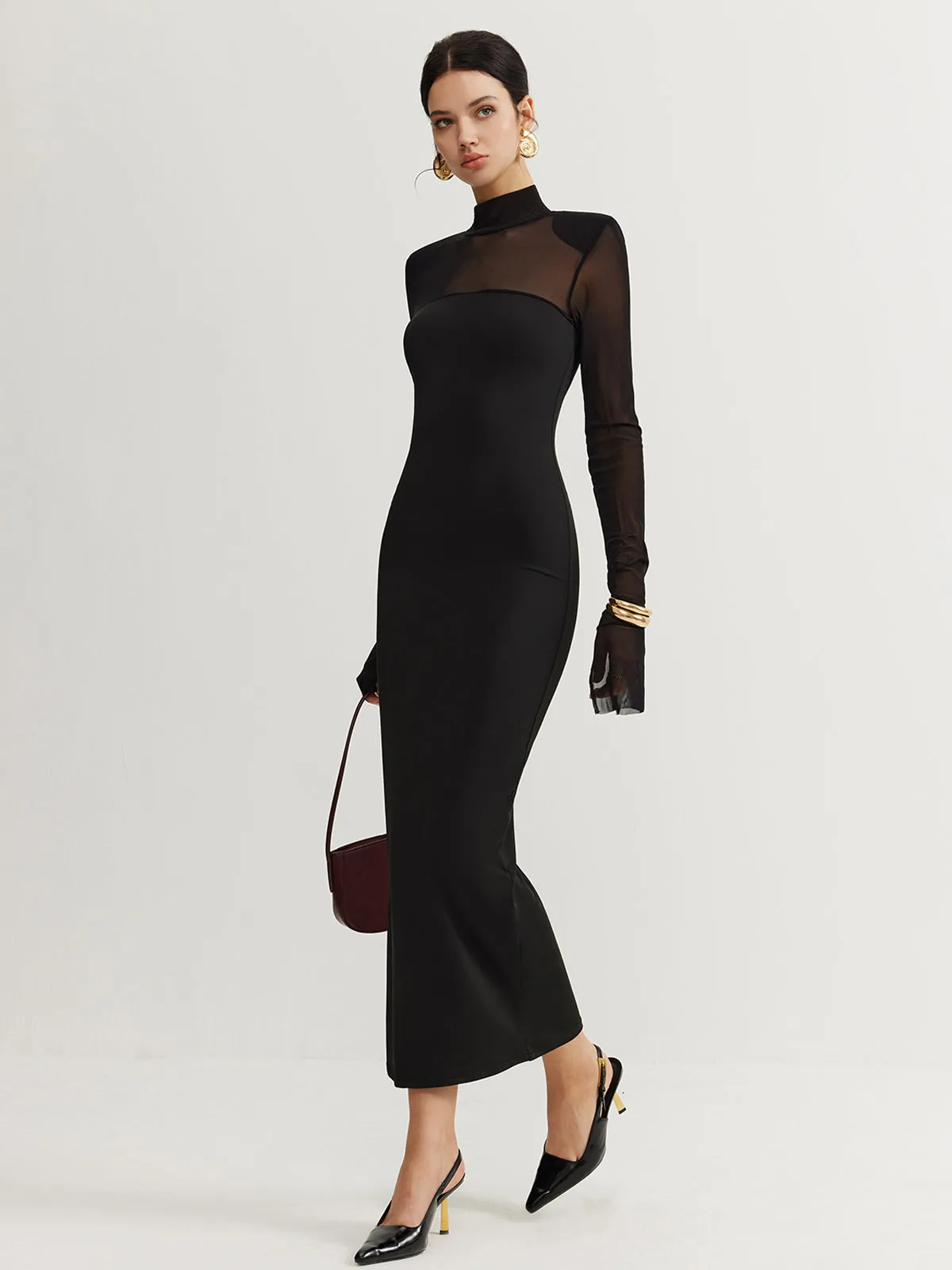 Shoulder Pads Mesh Panel Dress Without Belt sold by COMMENSE