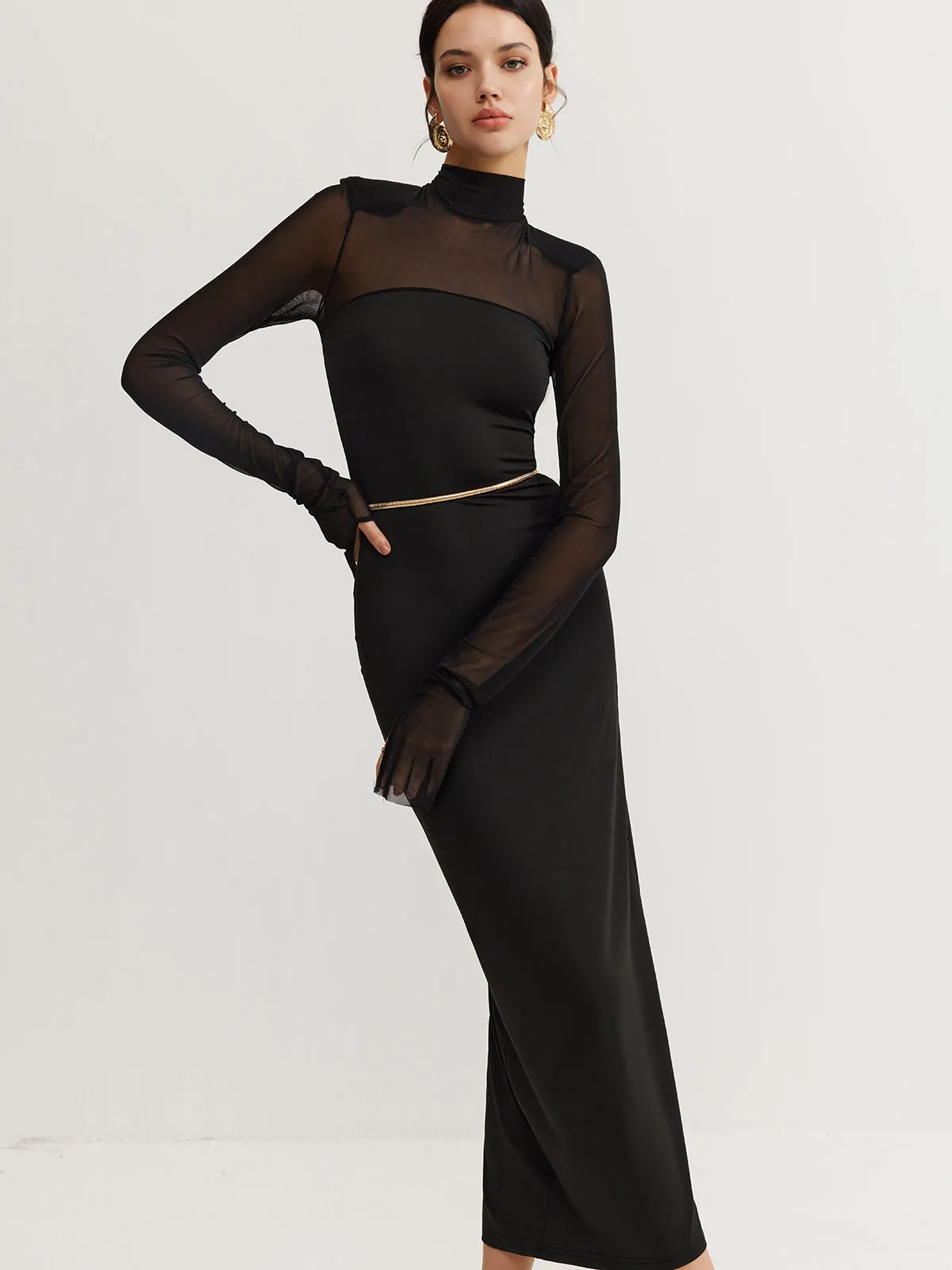 Shoulder Pads Mesh Panel Dress Without Belt sold by COMMENSE product image thumbnail 2