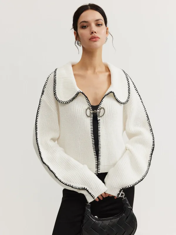Contrast Trim Magnet Closure Knit Top sold by COMMENSE