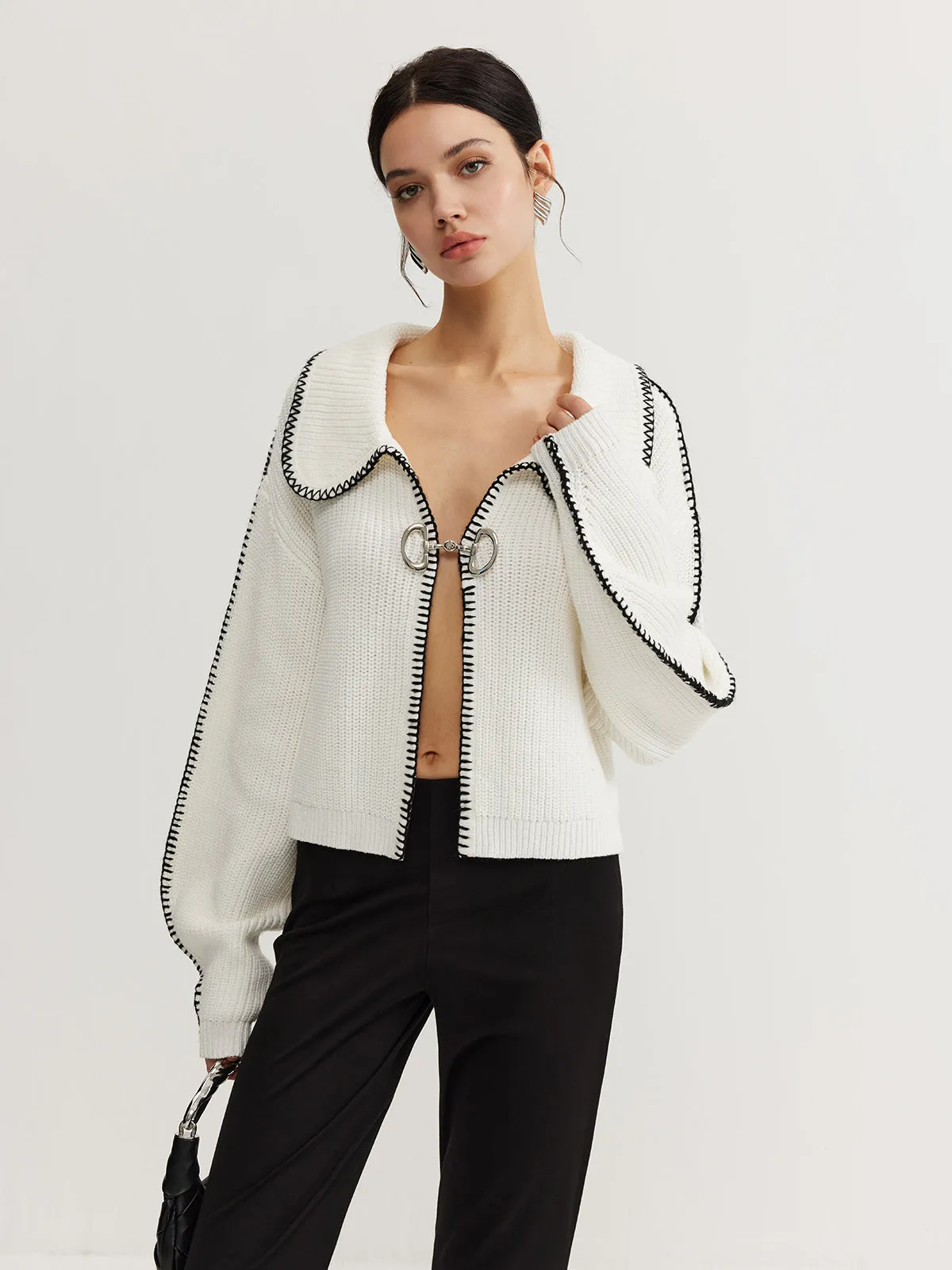 Contrast Trim Magnet Closure Knit Top sold by COMMENSE product image thumbnail 2