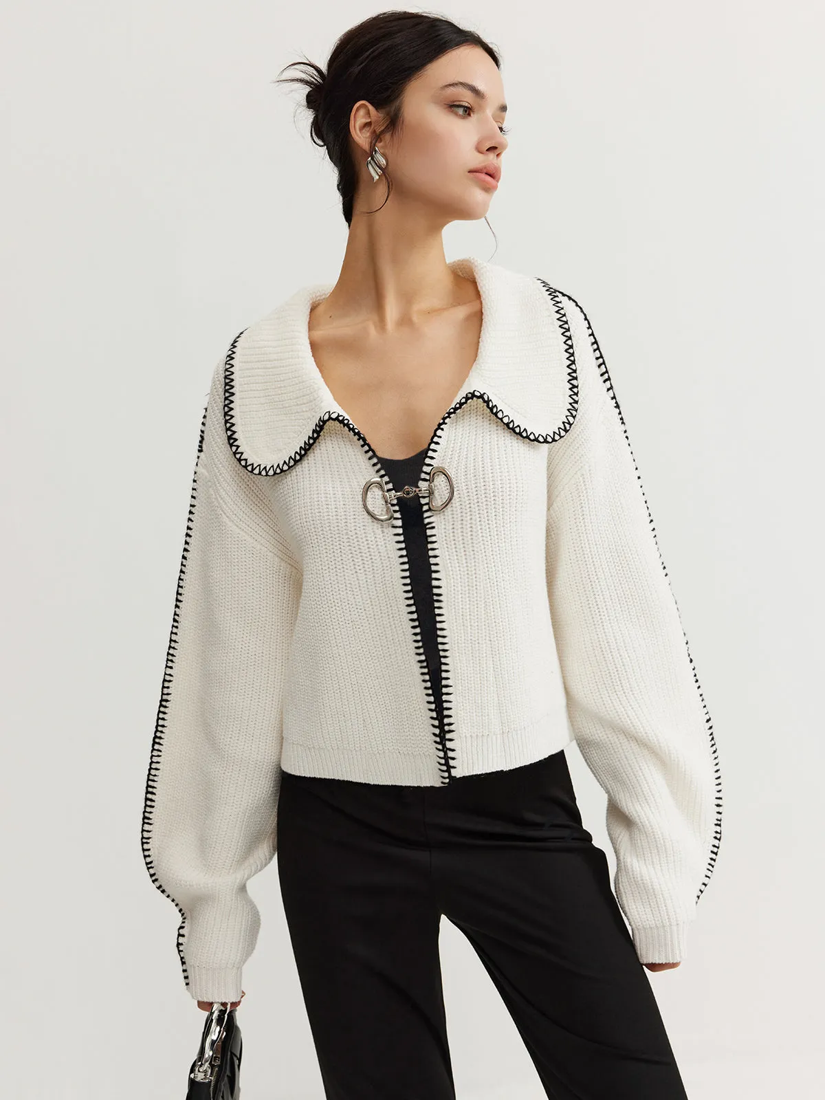Contrast Trim Magnet Closure Knit Top sold by COMMENSE product image thumbnail 3