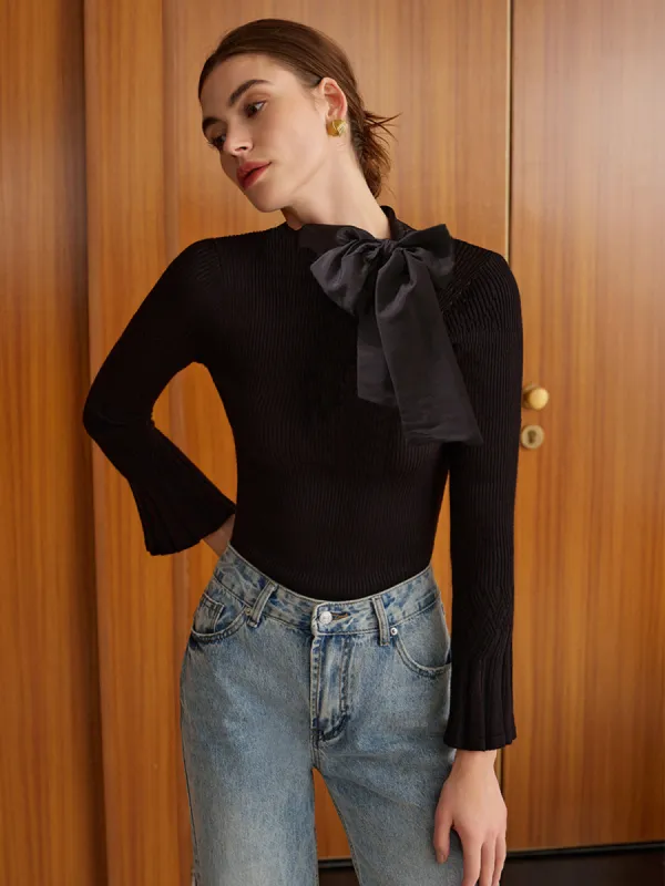 Bow Decor Bell Sleeve Knit Top sold by COMMENSE