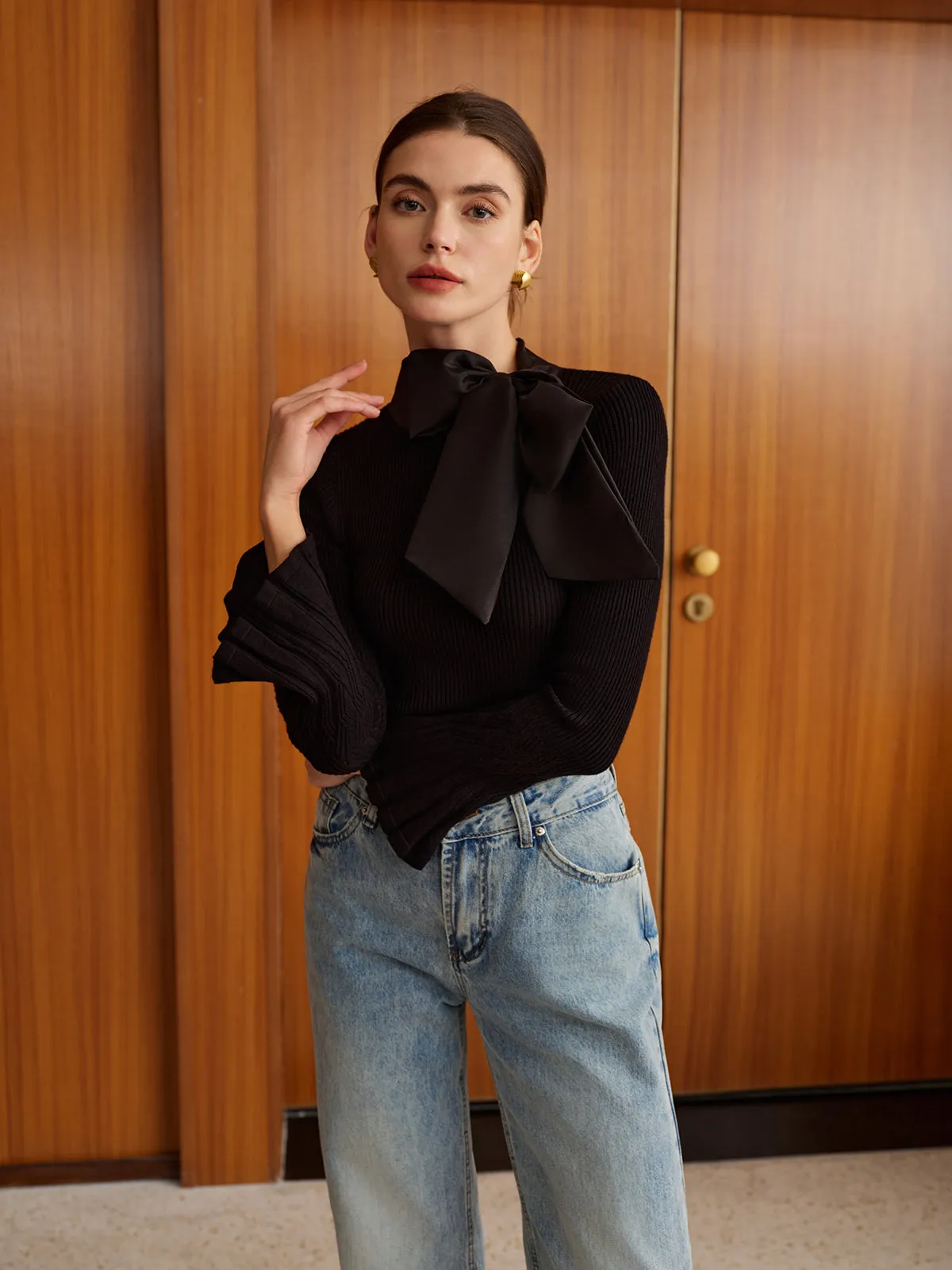 Bow Decor Bell Sleeve Knit Top sold by COMMENSE product image thumbnail 3