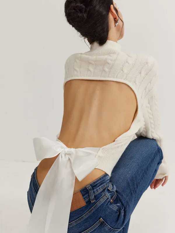 Plain Backless Bow Knit Top sold by COMMENSE