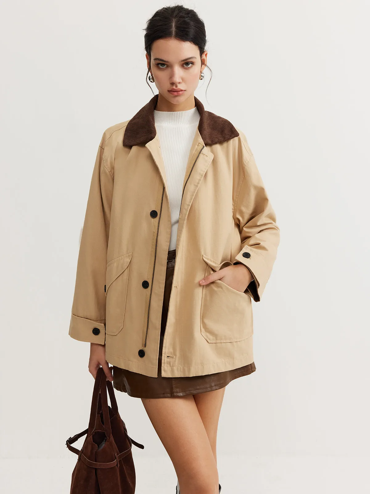 Contrast Collar Zipper Cargo Jacket sold by COMMENSE