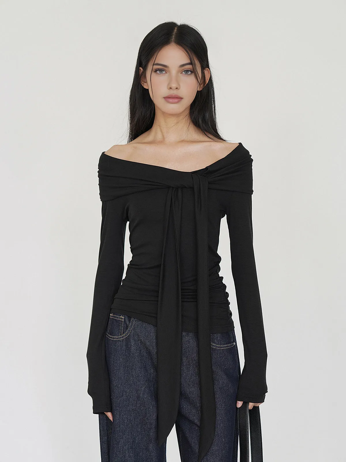 Cold-Shoulder Tie Neck Jersey Top sold by COMMENSE product image thumbnail 4
