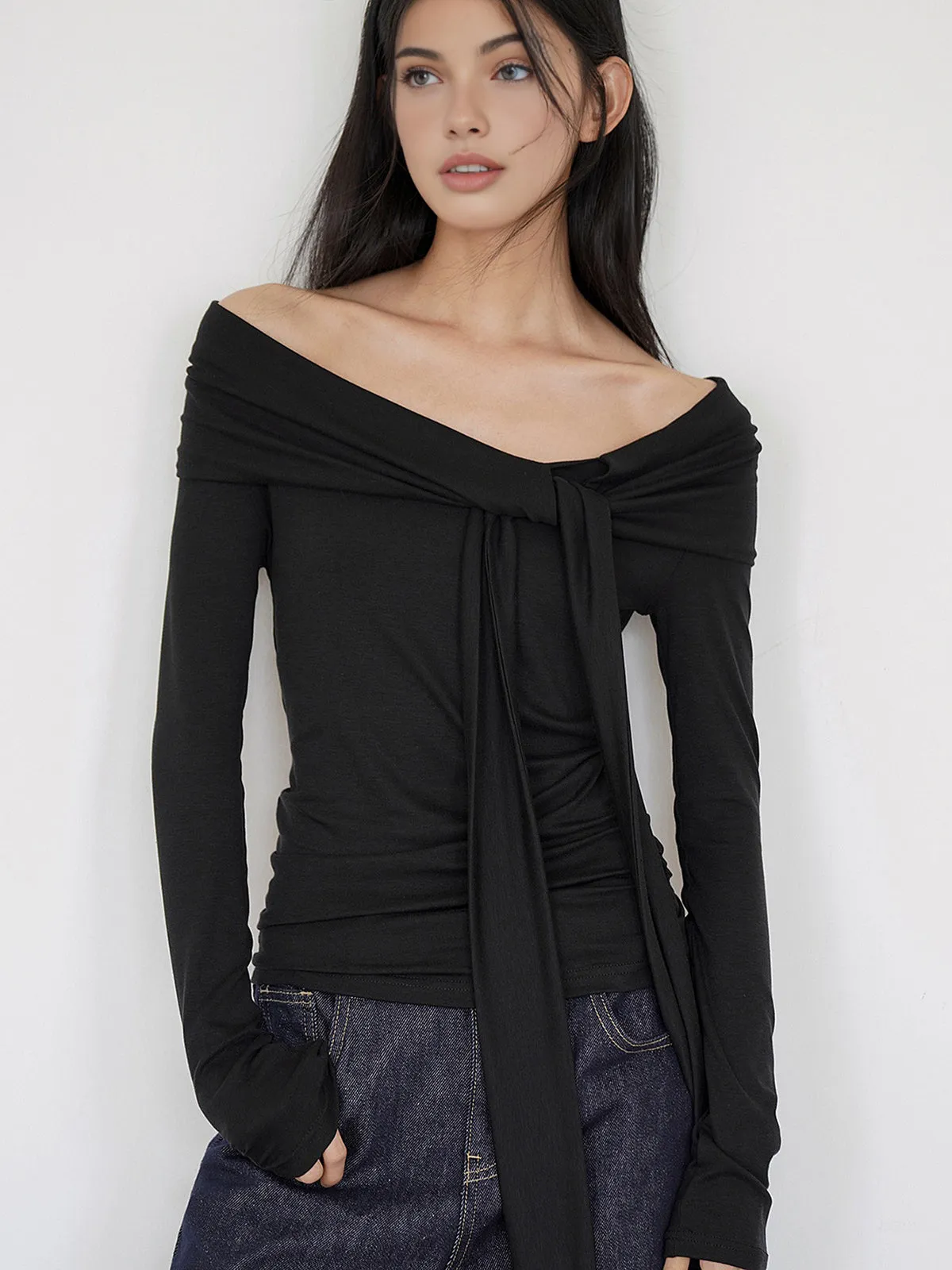 Cold-Shoulder Tie Neck Jersey Top sold by COMMENSE