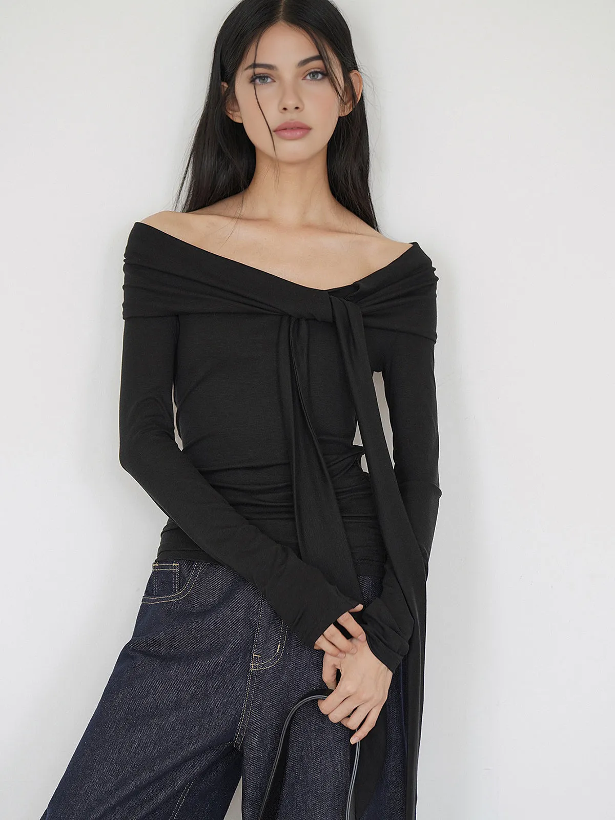 Cold-Shoulder Tie Neck Jersey Top sold by COMMENSE product image thumbnail 2
