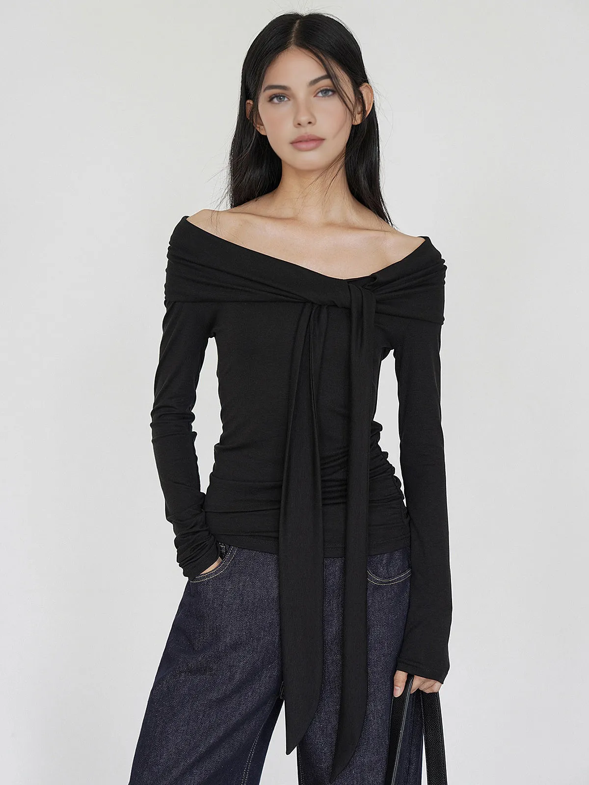 Cold-Shoulder Tie Neck Jersey Top sold by COMMENSE product image thumbnail 3