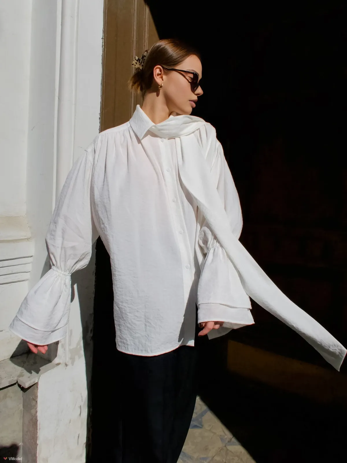 Tie Neck Bell-Sleeve Thin Shirt sold by COMMENSE product image thumbnail 3