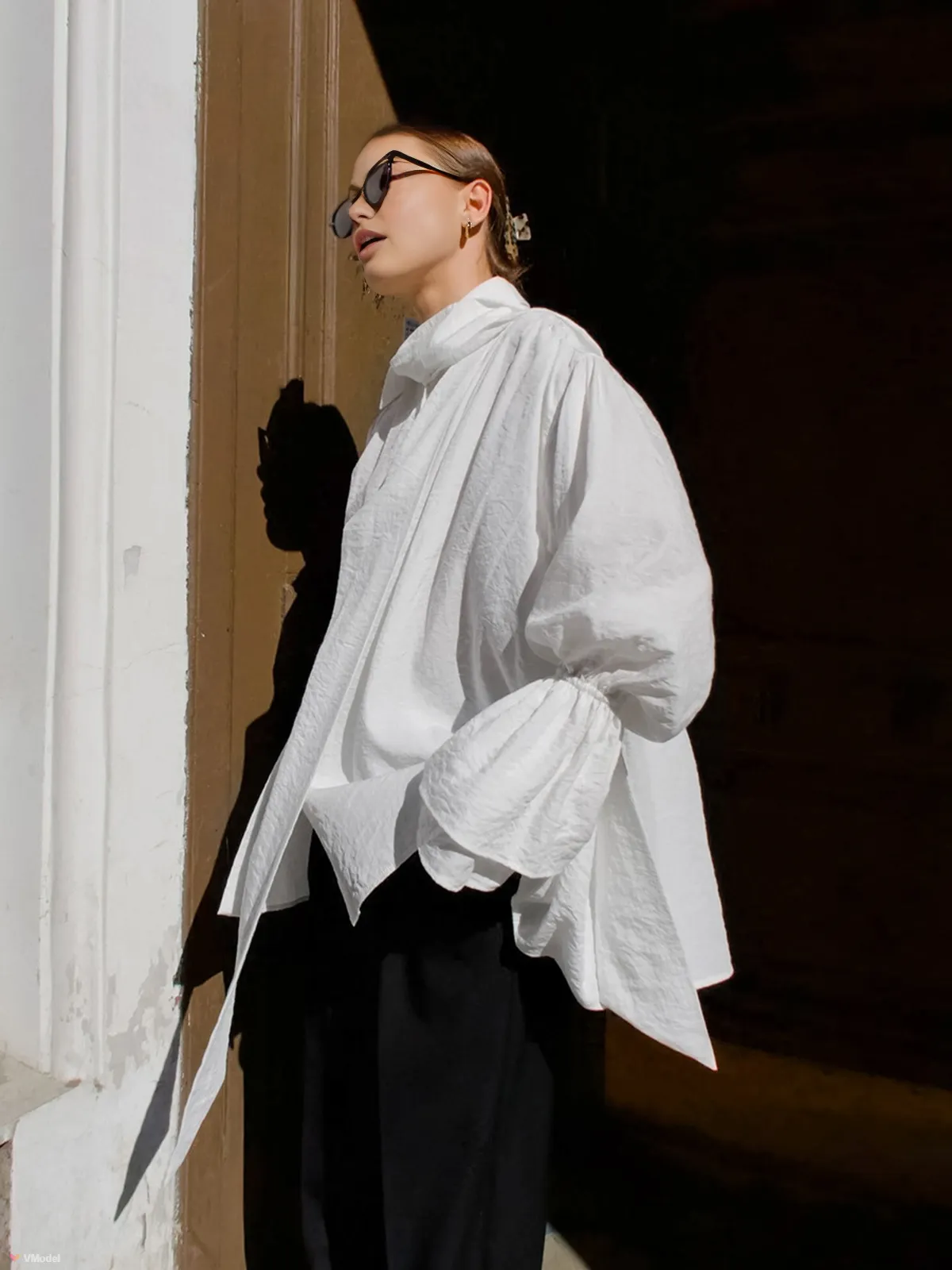 Tie Neck Bell-Sleeve Thin Shirt sold by COMMENSE product image thumbnail 4