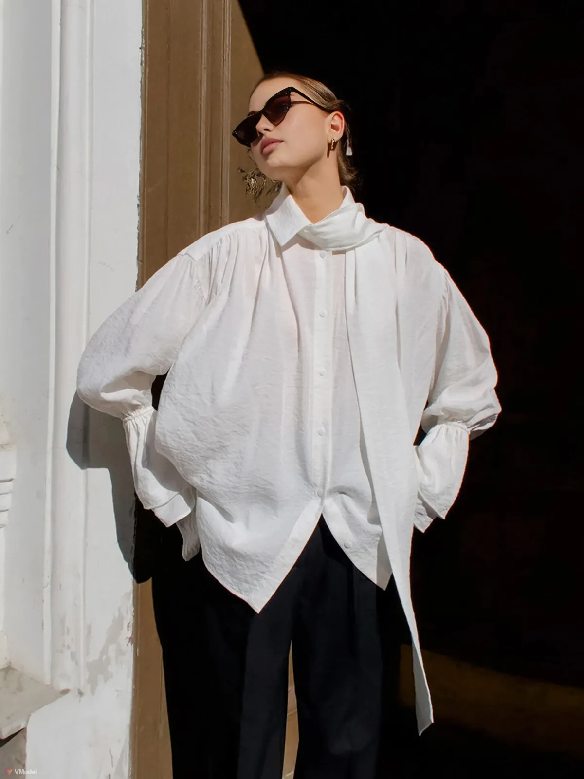 Tie Neck Bell-Sleeve Thin Shirt sold by COMMENSE