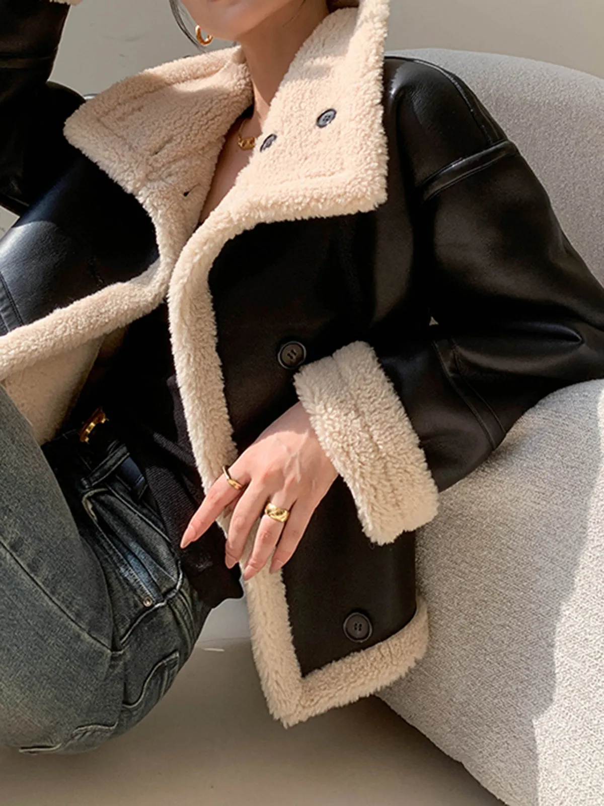 Fleece Lined Faux Leather Jacket sold by COMMENSE product image thumbnail 5