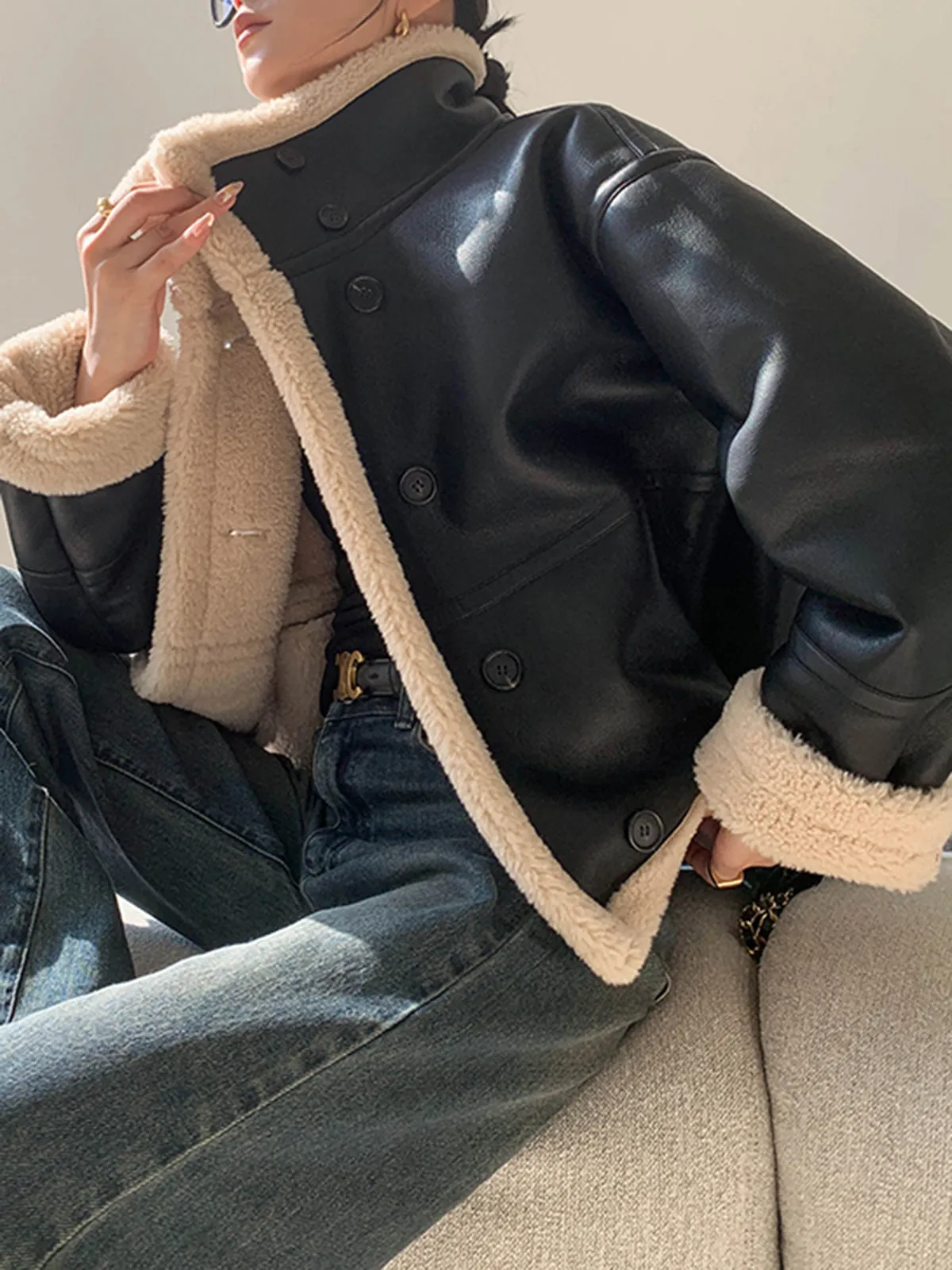 Fleece Lined Faux Leather Jacket sold by COMMENSE product image thumbnail 4