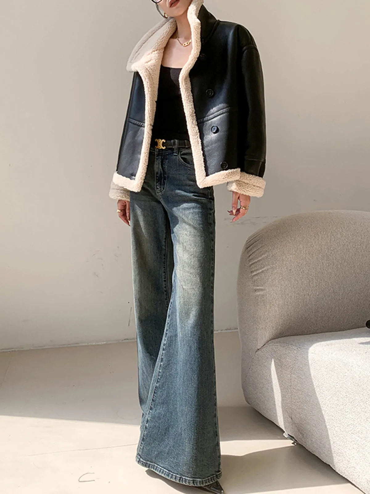 Fleece Lined Faux Leather Jacket sold by COMMENSE product image thumbnail 2