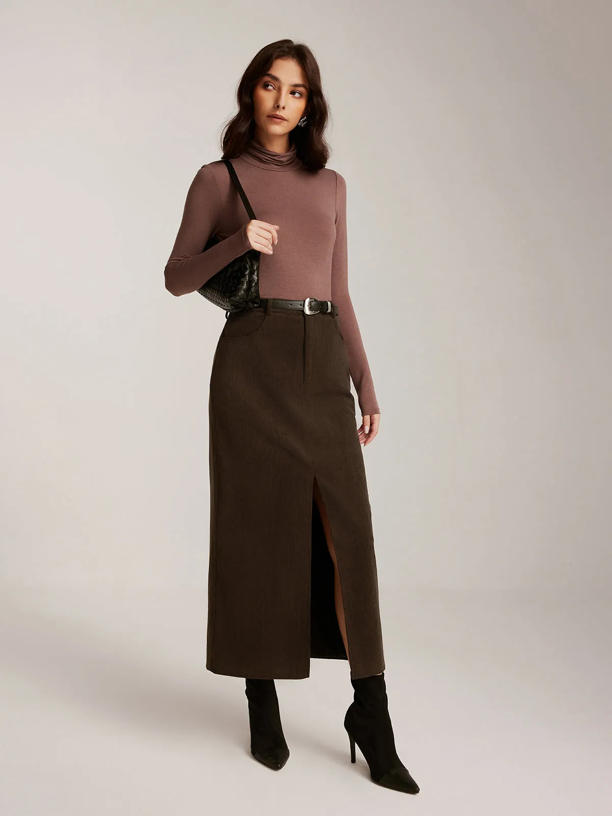 Corduroy Split Belted Midi Skirt sold by COMMENSE product image thumbnail 3