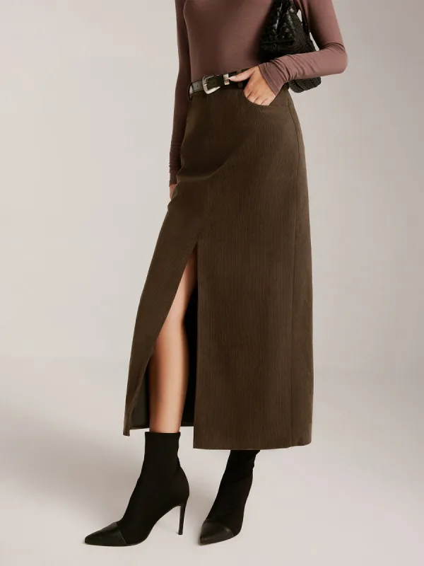Corduroy Split Belted Midi Skirt sold by COMMENSE