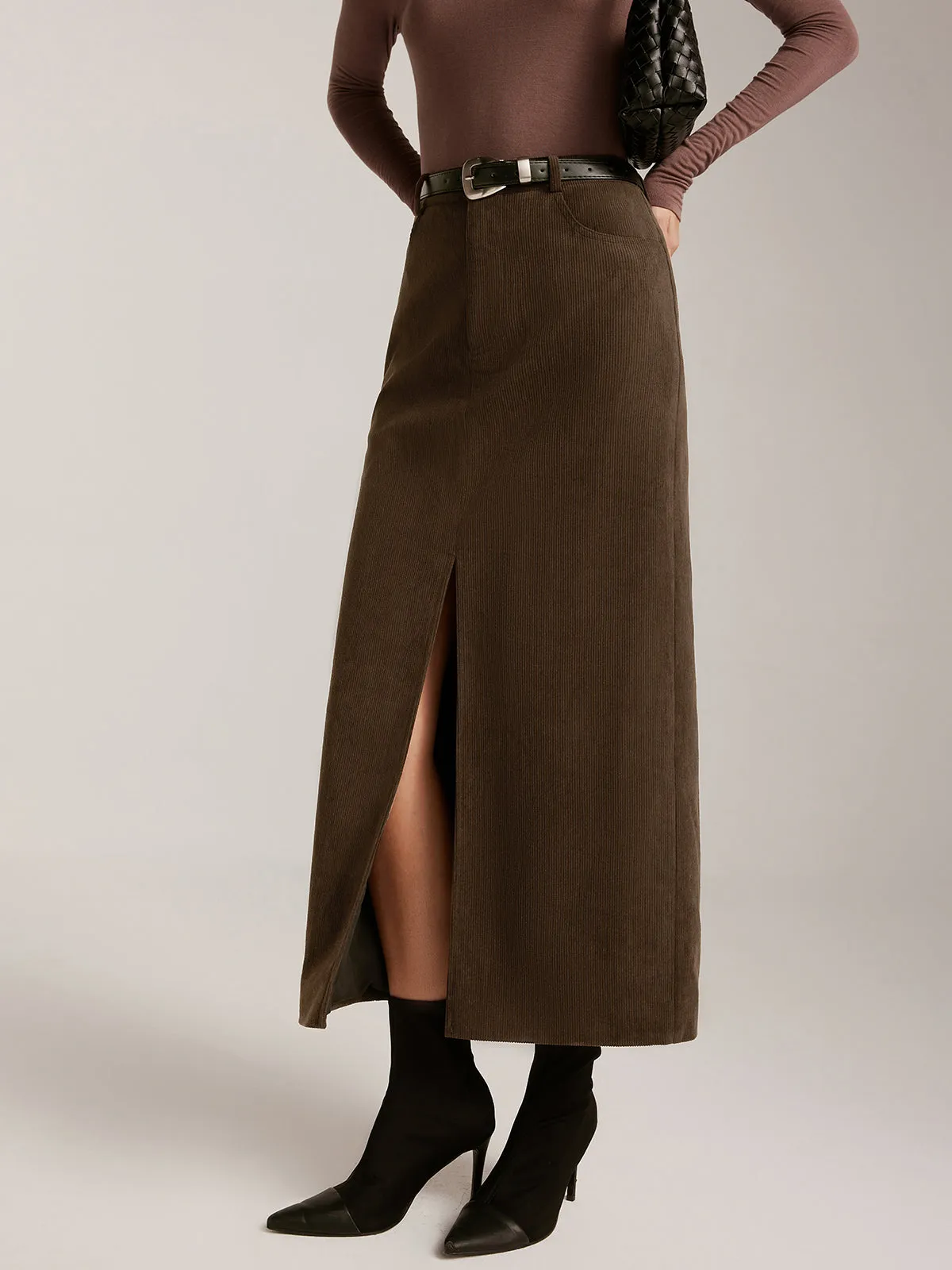 Corduroy Split Belted Midi Skirt sold by COMMENSE product image thumbnail 5