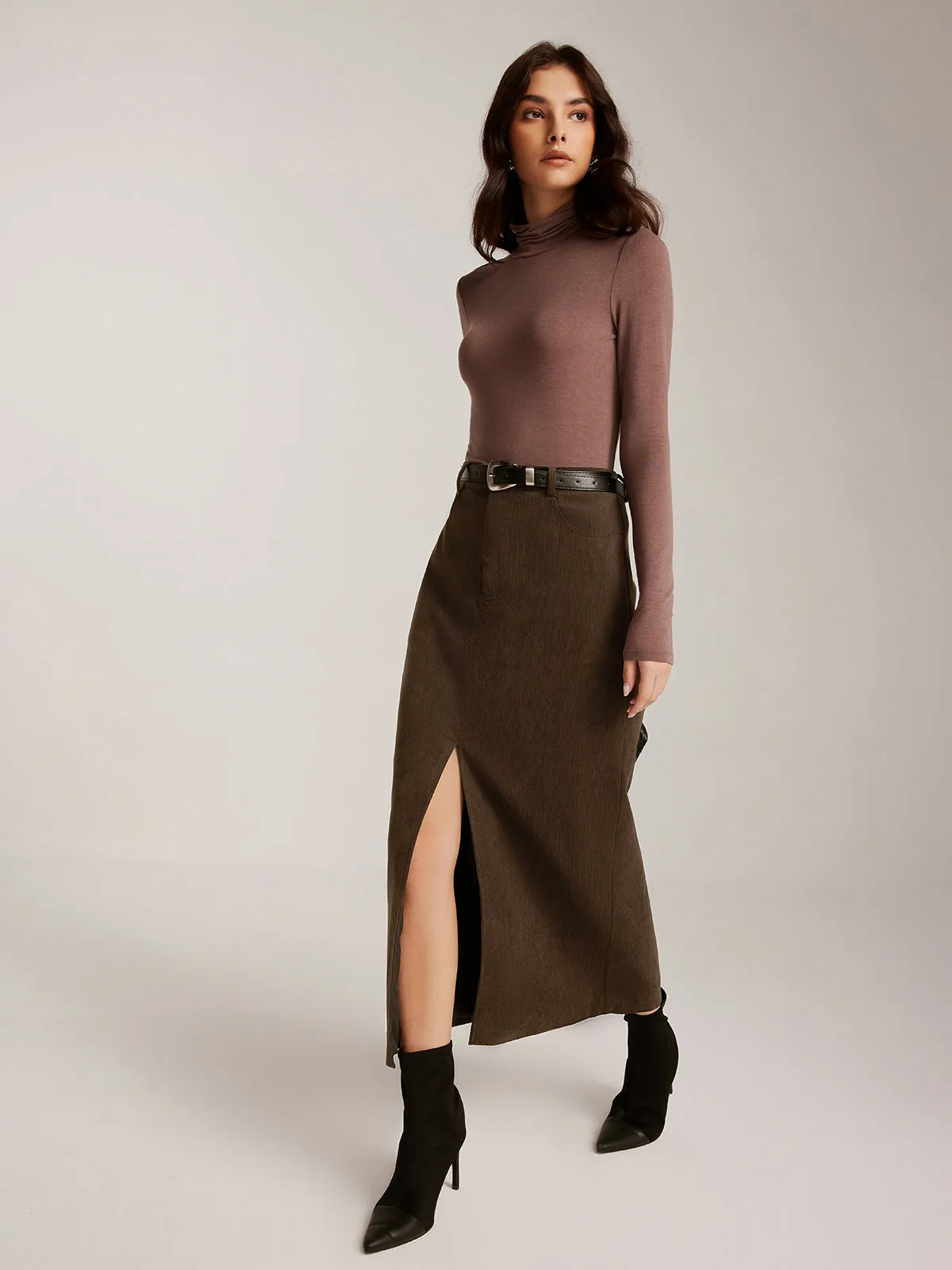 Corduroy Split Belted Midi Skirt sold by COMMENSE product image thumbnail 2