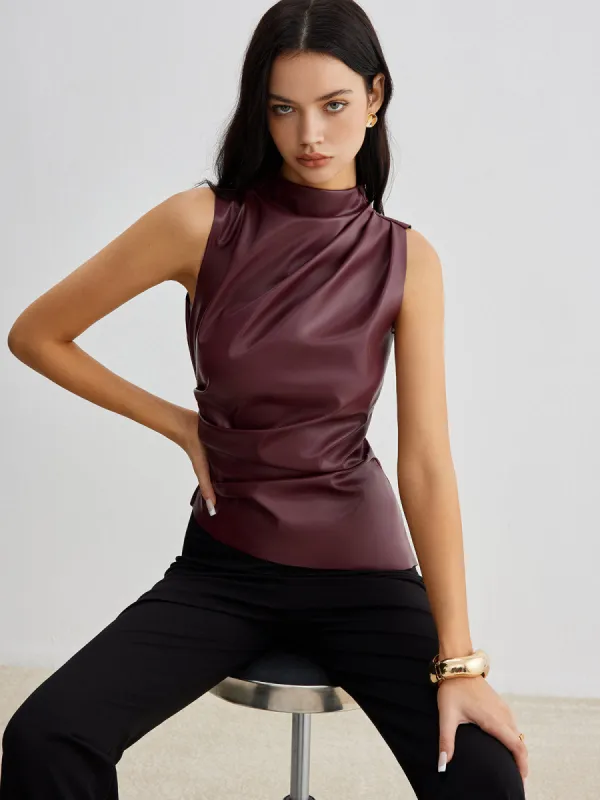Mock Neck Faux Leather Cinched Tank Top sold by COMMENSE