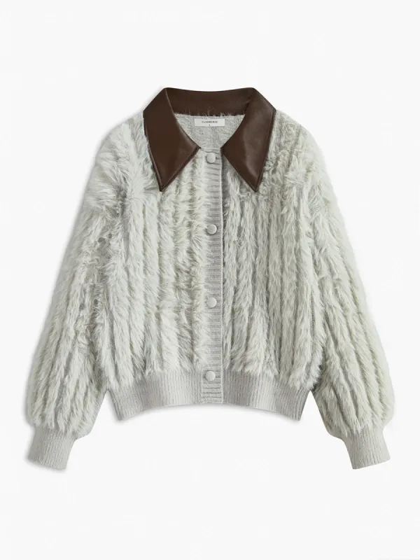 PU-Collar High Stretch Fuzzy Cardigan sold by COMMENSE