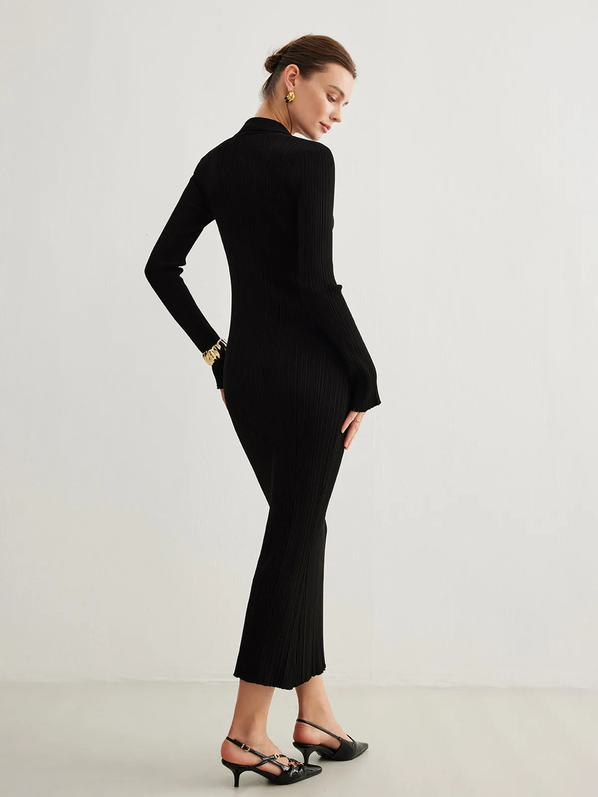 Metal-Button Bell-Sleeve Sweater Long Dress sold by COMMENSE product image thumbnail 5