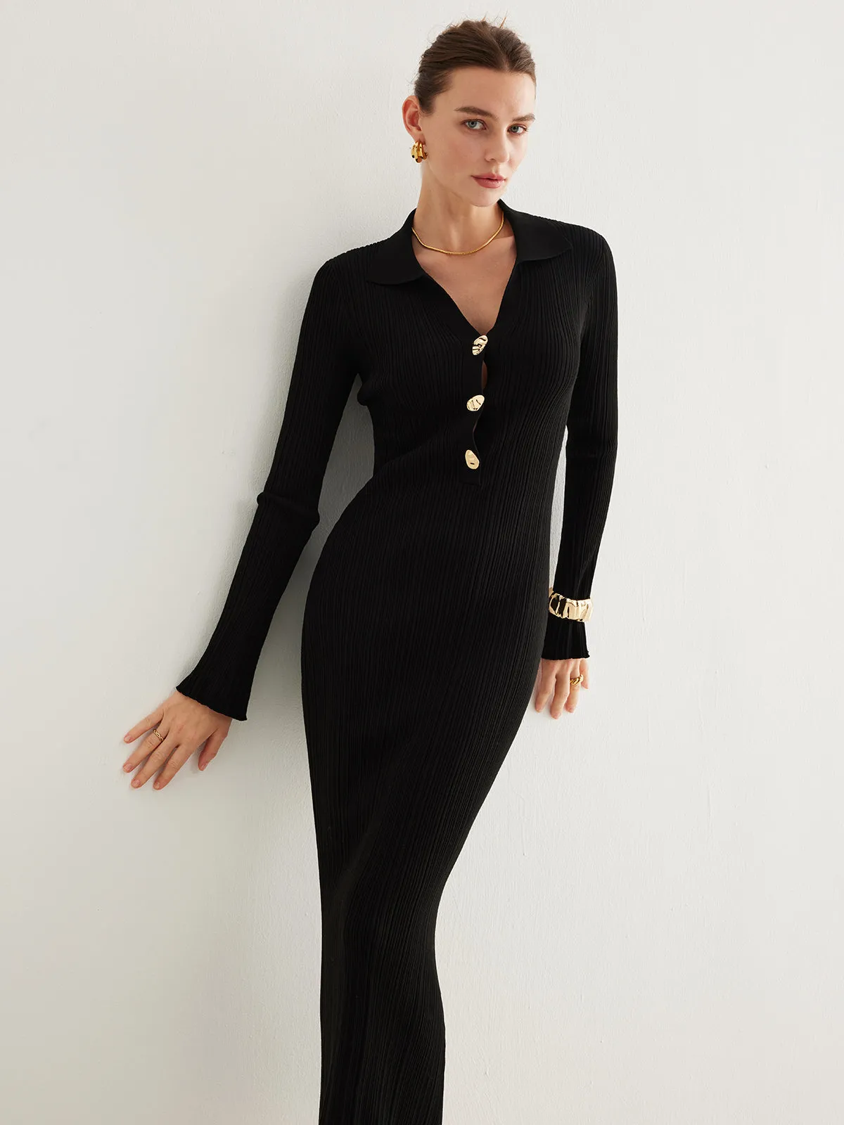 Metal-Button Bell-Sleeve Sweater Long Dress sold by COMMENSE product image thumbnail 2