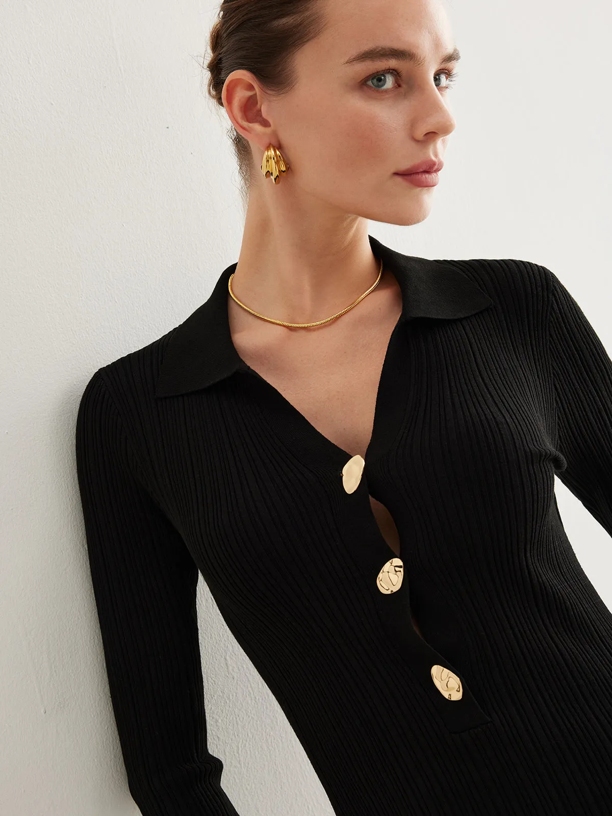 Metal-Button Bell-Sleeve Sweater Long Dress sold by COMMENSE product image thumbnail 4