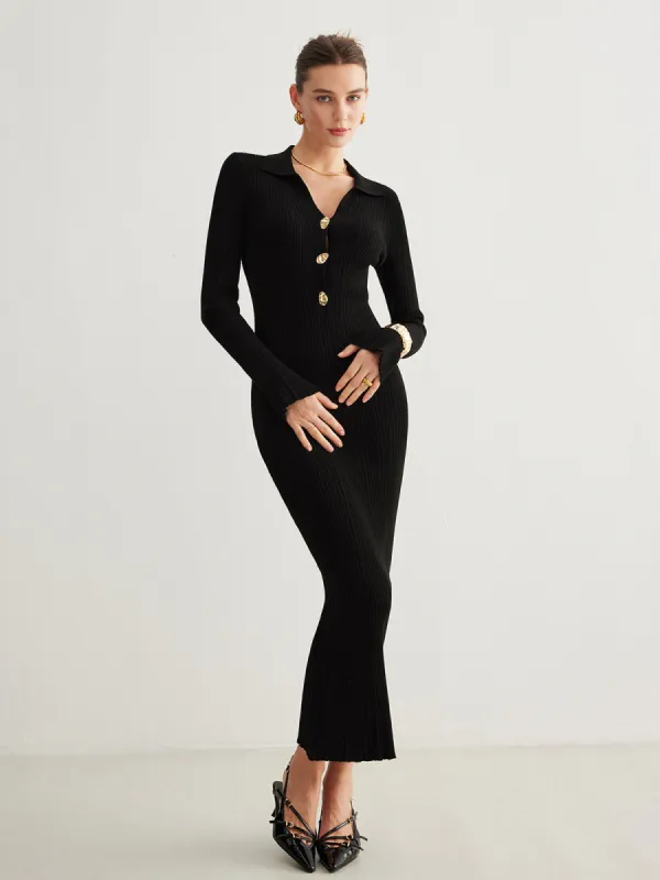 Metal-Button Bell-Sleeve Sweater Long Dress sold by COMMENSE