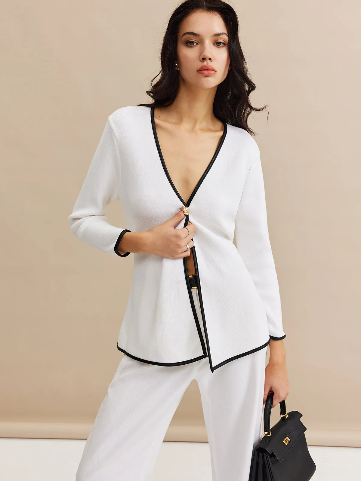 Contrast Trim Button Slit Cardigan sold by COMMENSE product image thumbnail 4