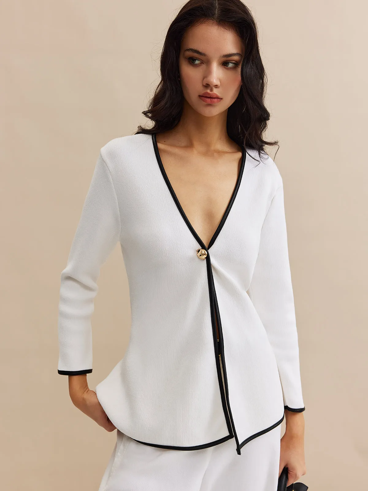 Contrast Trim Button Slit Cardigan sold by COMMENSE