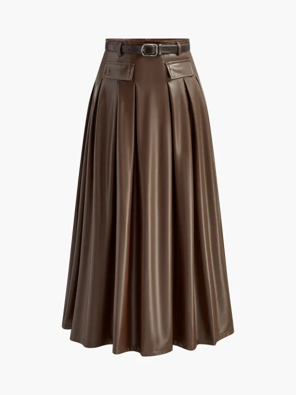 Pleated Faux Leather Skirt With Belt sold by COMMENSE