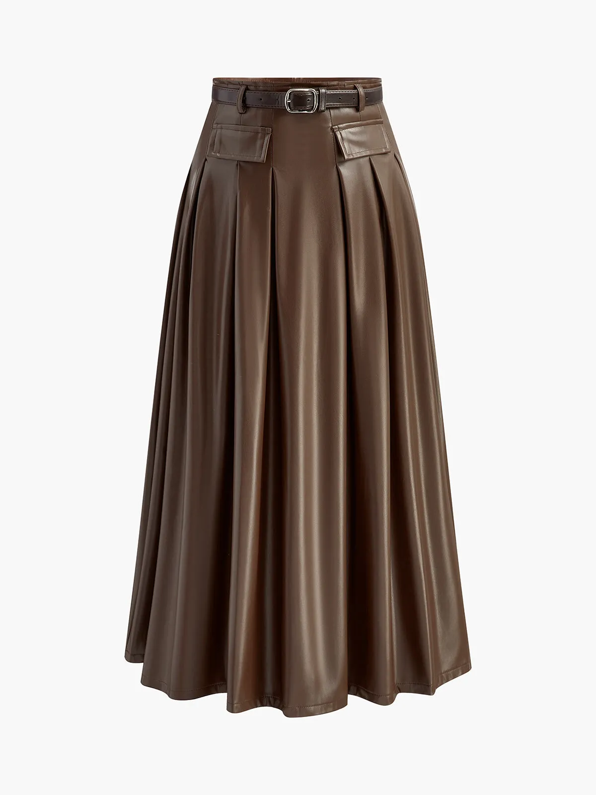 Pleated Faux Leather Skirt With Belt sold by COMMENSE