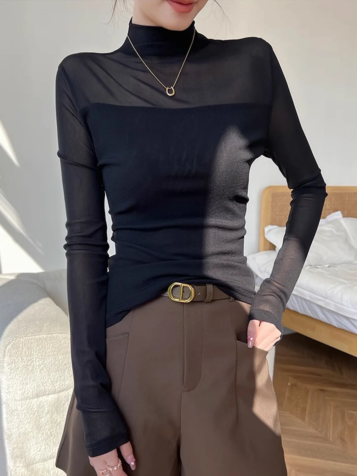 Mock Neck Sheer Mesh Panel Blouse sold by COMMENSE product image thumbnail 3