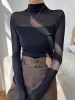 Mock Neck Sheer Mesh Panel Blouse sold by COMMENSE